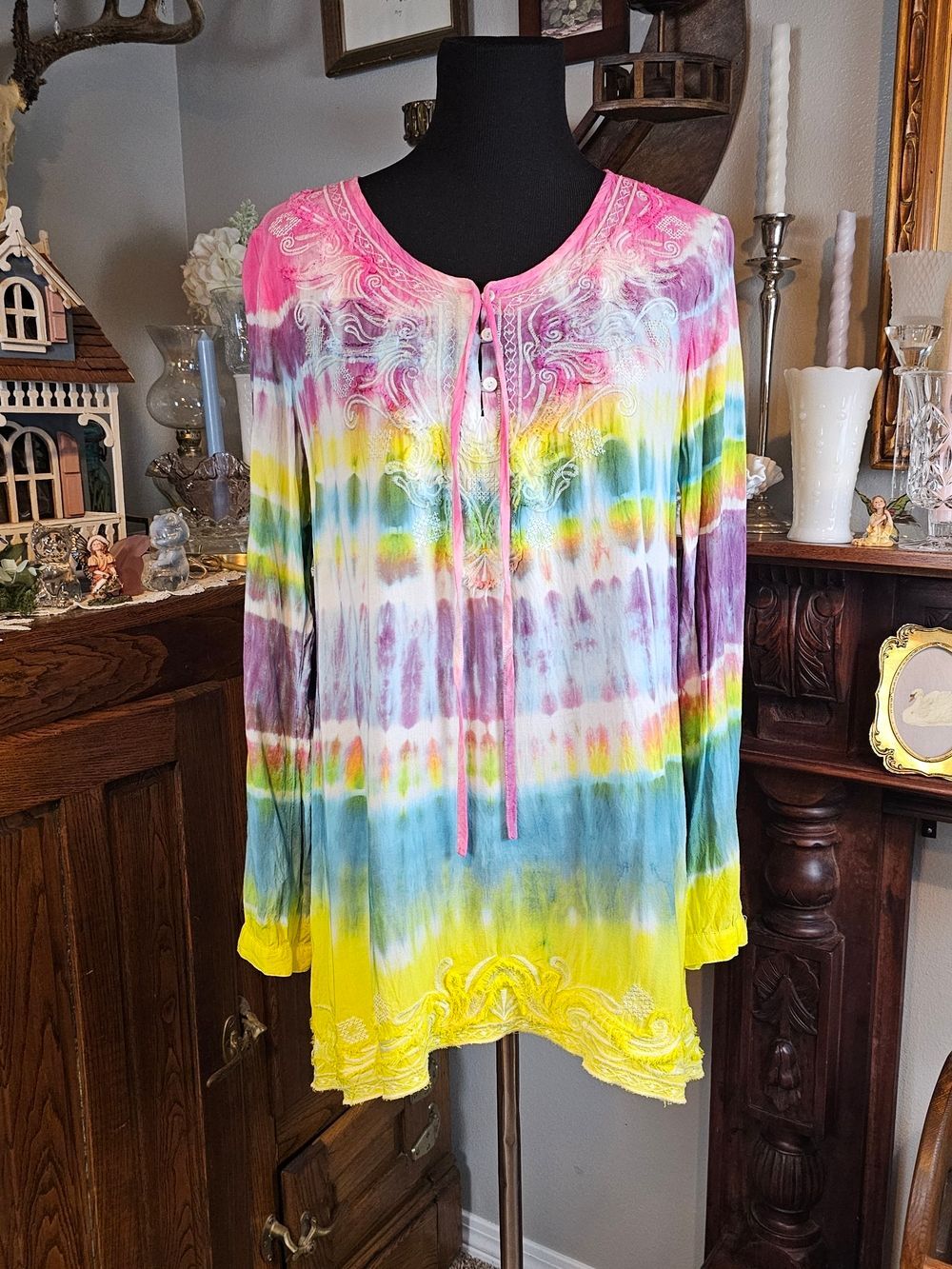 Monoreno Rainbow Tie Dye Embroidered Rayon Tunic Top Boho Festival L